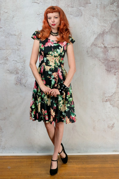 1950s black floral repro dress size small