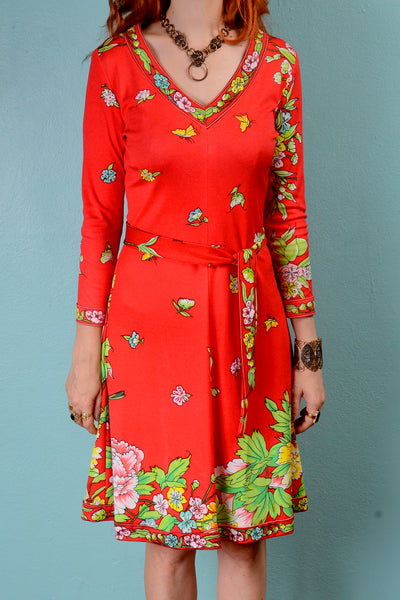 Vintage 1970s mod red floral op art v-neck dress