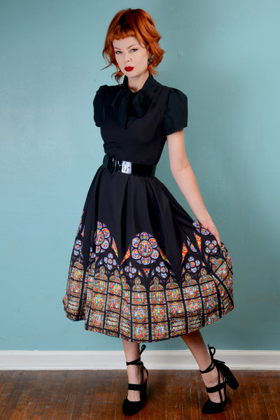 Vintage 1950s inspired Cathedral print Fit and Flare Dress SMALL