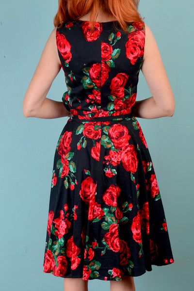 Vintage 1950s inspired red roses on black full circle skirt dress SMALL unique rockabilly swing 50s