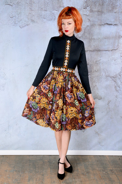 Vintage 1970s black and floral flare dress - SM