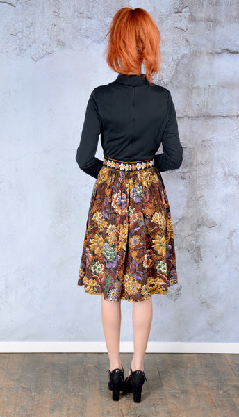 Vintage 1970s black and floral flare dress - SM