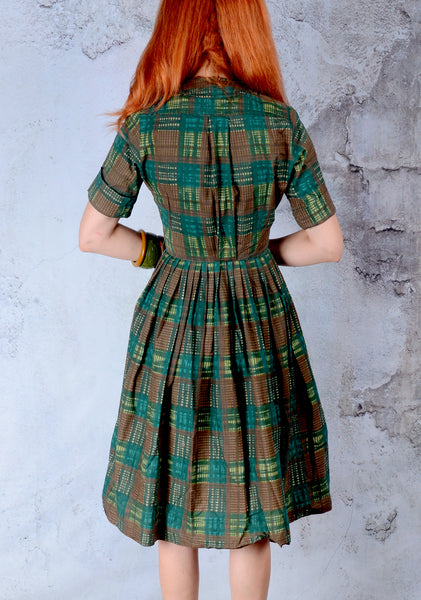 Vintage 1950s Green Teal and Brown tartan plaid cotton Day Dress XS to SM