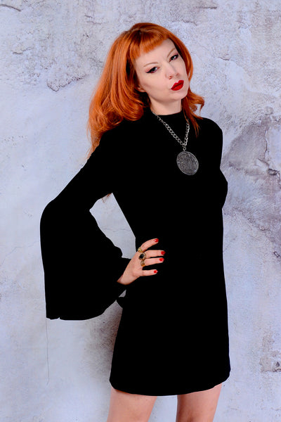 Nasty Gal backless black knit mini dress with massive bell sleeves Small 1960s vintage mod unique