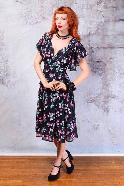 Pinup Cherries print flutter sleeve dress
