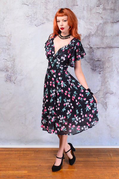 Pinup Cherries print flutter sleeve dress