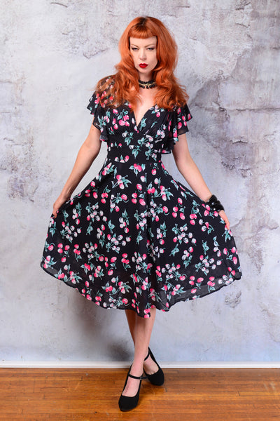 Pinup Cherries print flutter sleeve dress