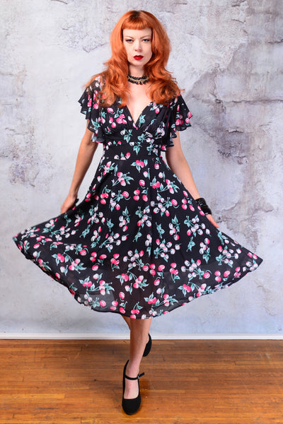 Pinup Cherries print flutter sleeve dress