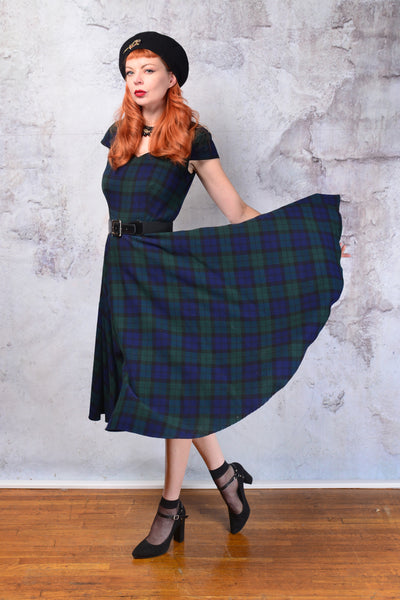 Vintage 1950s Hell Bunny blue and green Tartan plaid fit and flare dress. Small