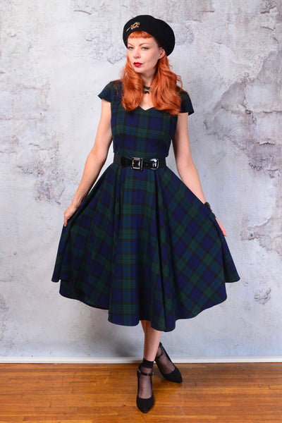 Vintage 1950s Hell Bunny blue and green Tartan plaid fit and flare dress. Small