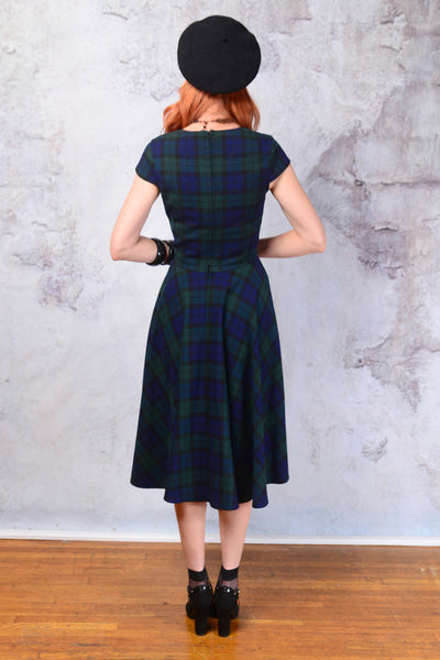 Vintage 1950s Hell Bunny blue and green Tartan plaid fit and flare dress. Small