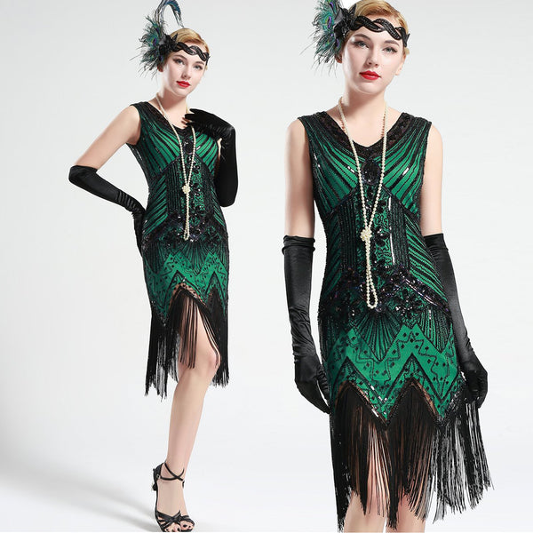US Stock Black and Green glass beaded Fringe Flapper Dress