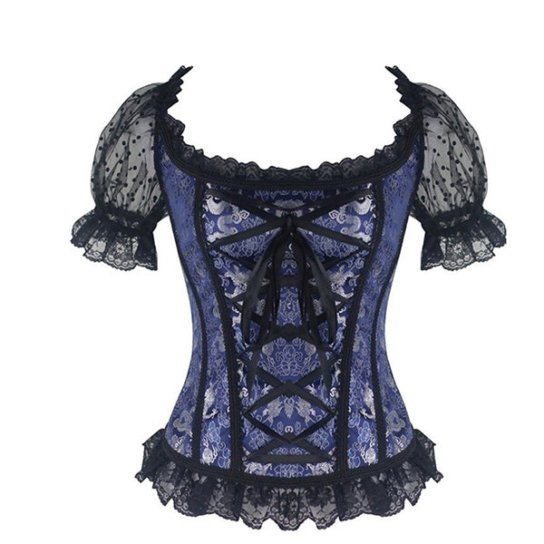 Midnight Blue Corset Front and Back Lolita Lace Puffed Sleeves Blouse
