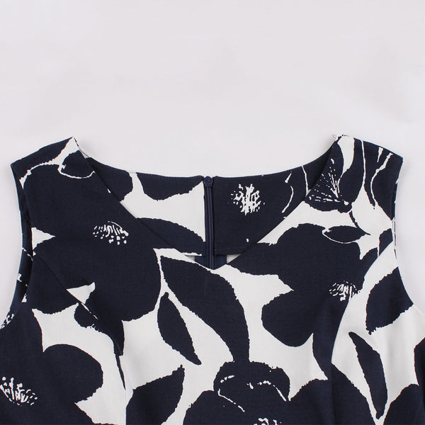 Navy Blue Floral Fit and Flare Swing Dress