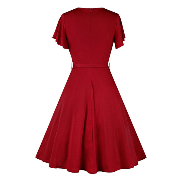 Blue Keyhole Flutter Sleeves Flare Dress