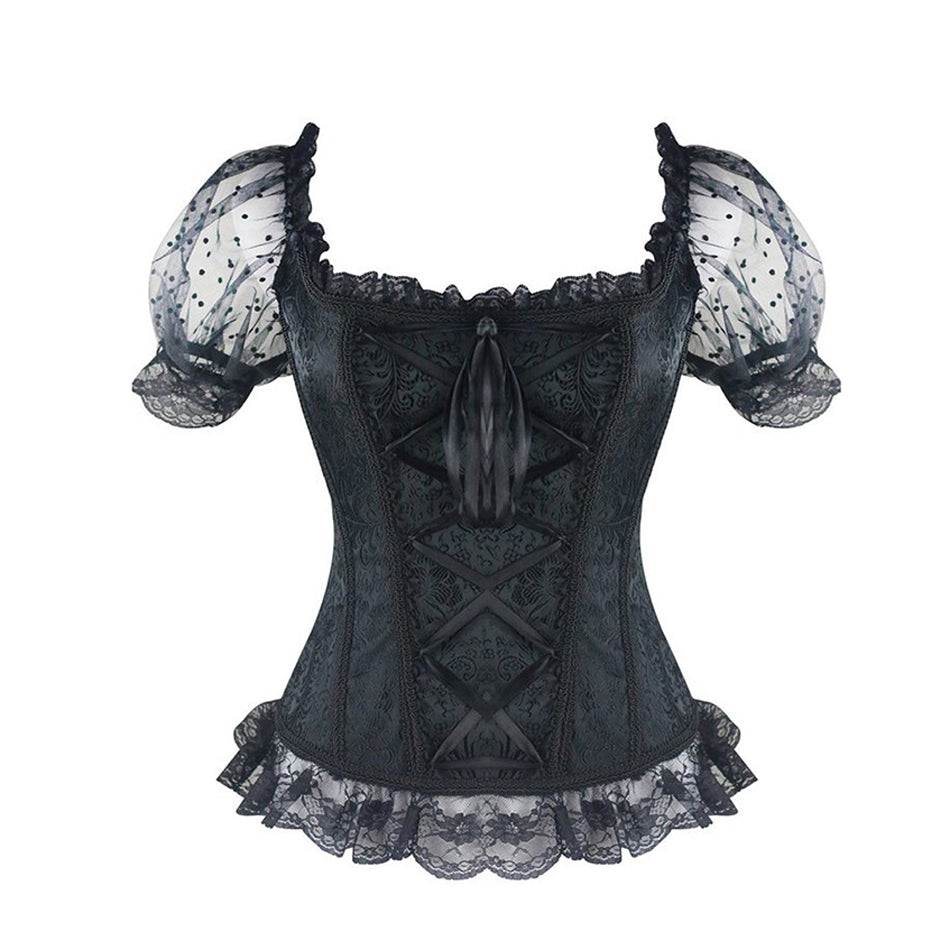 Midnight Blue Corset Front and Back Lolita Lace Puffed Sleeves Blouse