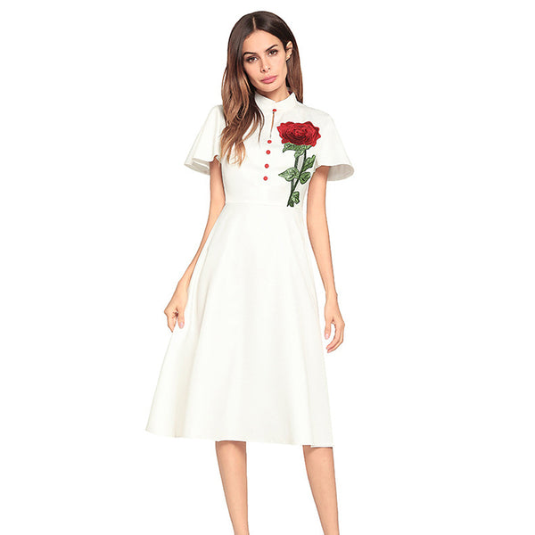 White Flutter Sleeves Dress with Rose Embroidery