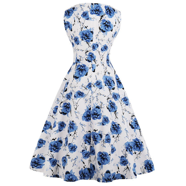 White Floral on Black Fit and Flare Swing Dress