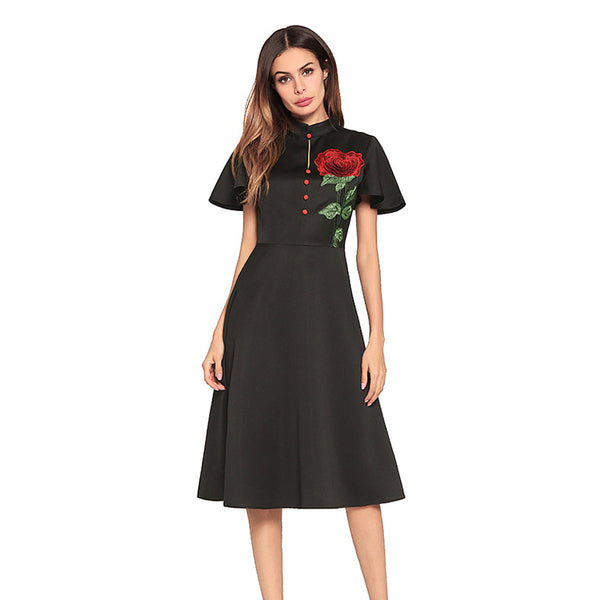White Flutter Sleeves Dress with Rose Embroidery