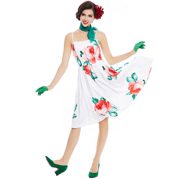 US STOCK Red Roses on White Full Skirt Dress