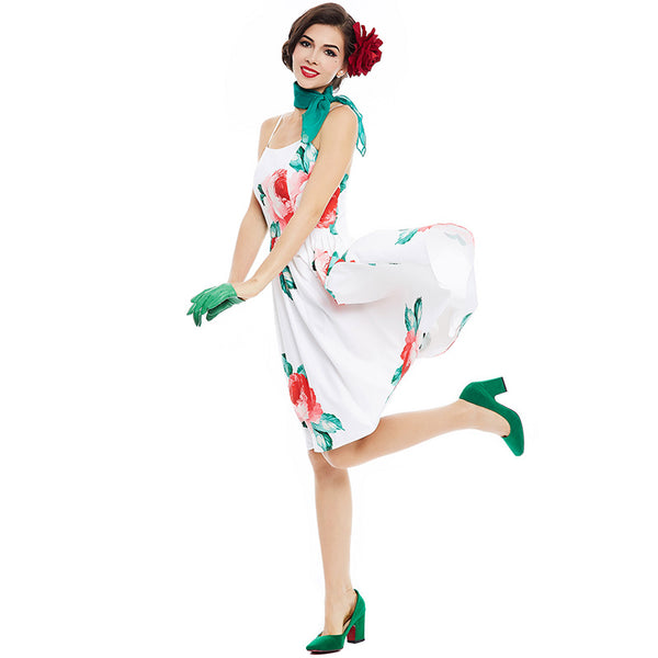 US STOCK Red Roses on White Full Skirt Dress