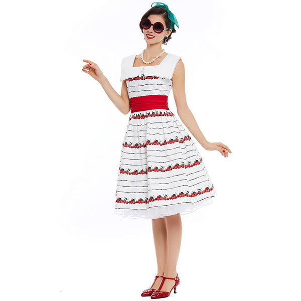 Boatneck Cherries on White Fit and Flare Dress