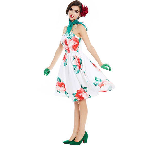 US STOCK Red Roses on White Full Skirt Dress