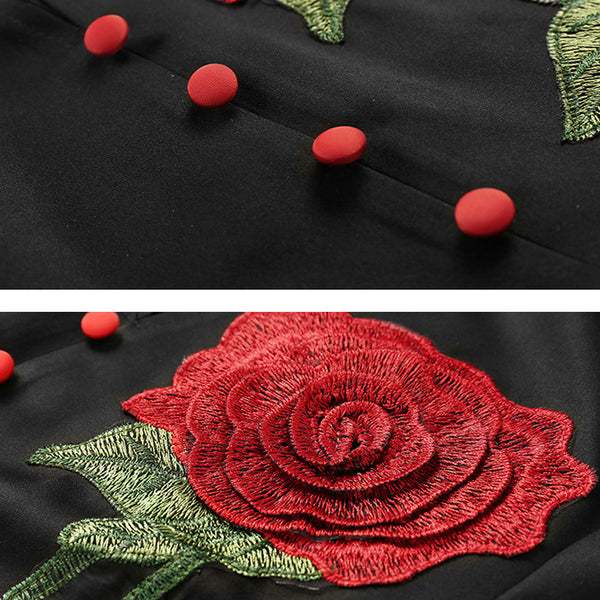 Red Flutter Sleeves Dress with Rose Embroidery