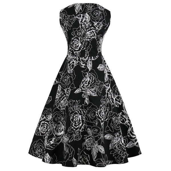 White Floral on Black Fit and Flare Swing Dress
