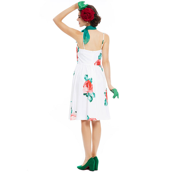 US STOCK Red Roses on White Full Skirt Dress