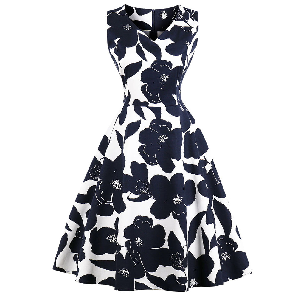 White Floral on Black Fit and Flare Swing Dress