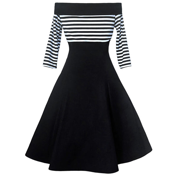 Black and White Nautical Striped Off the Shoulder Swing Dress