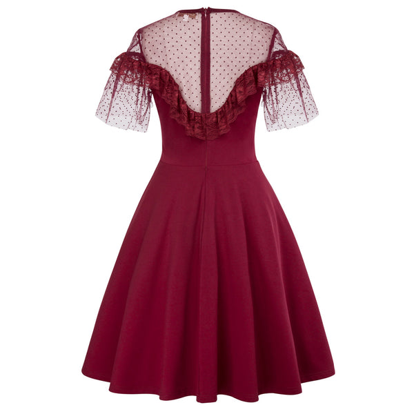 Wine Red Swiss Dot Sheer illusion Bell Sleeves Swing Dress