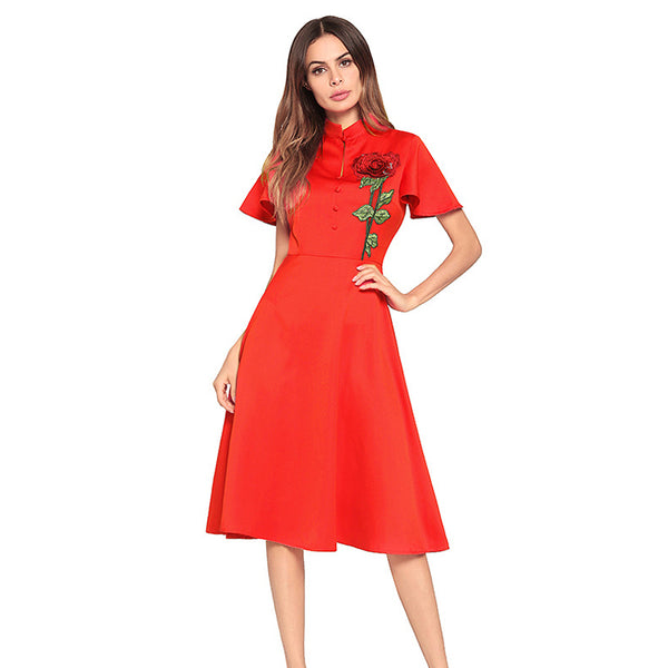 Red Flutter Sleeves Dress with Rose Embroidery