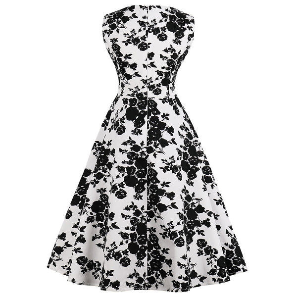 White on Black Floral Fit and Flare Swing Dress