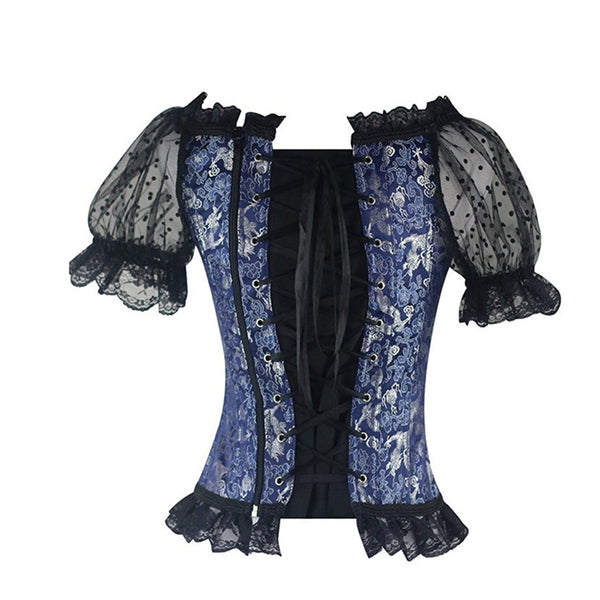 Midnight Blue Corset Front and Back Lolita Lace Puffed Sleeves Blouse
