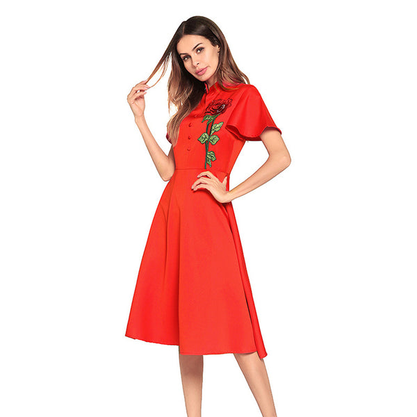 Red Flutter Sleeves Dress with Rose Embroidery