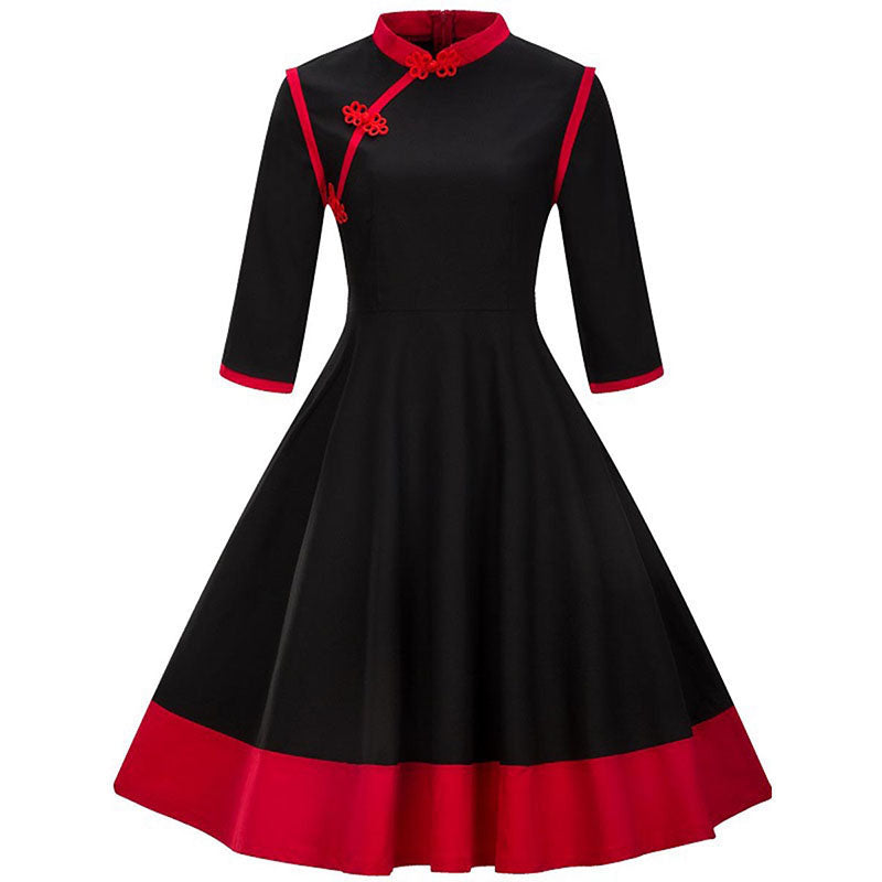 Cheongsam Mandarin Inspired Red and Black Swing Dress