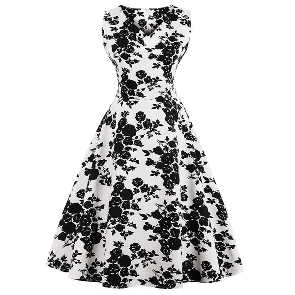 White Floral on Black Fit and Flare Swing Dress