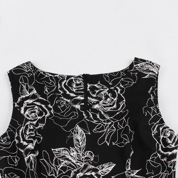 White Floral on Black Fit and Flare Swing Dress