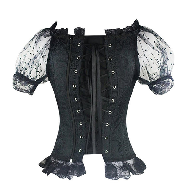 Midnight Blue Corset Front and Back Lolita Lace Puffed Sleeves Blouse
