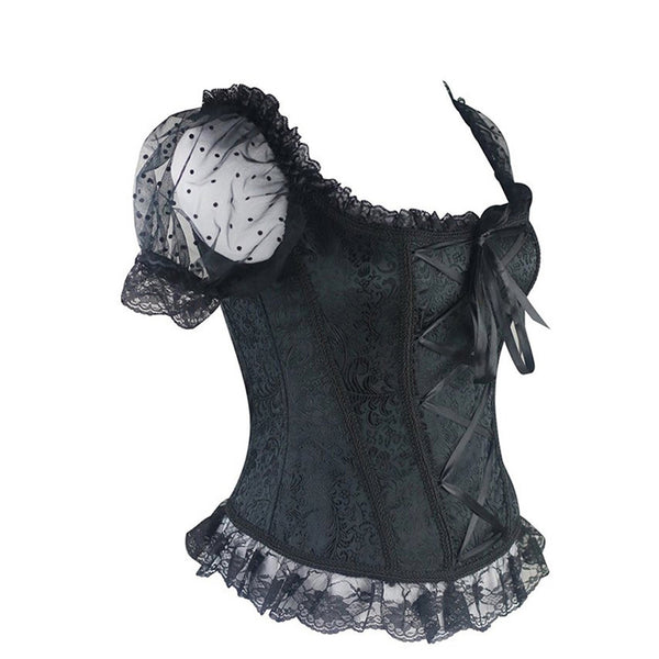 Midnight Blue Corset Front and Back Lolita Lace Puffed Sleeves Blouse