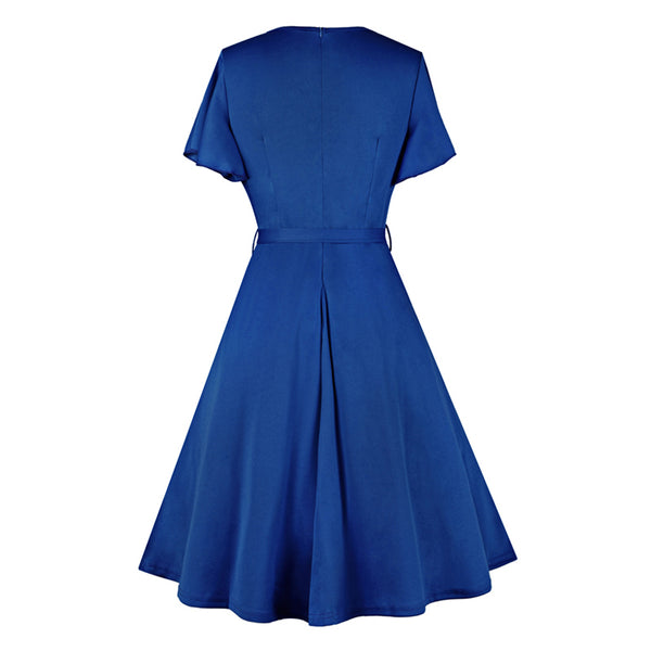 Blue Keyhole Flutter Sleeves Flare Dress