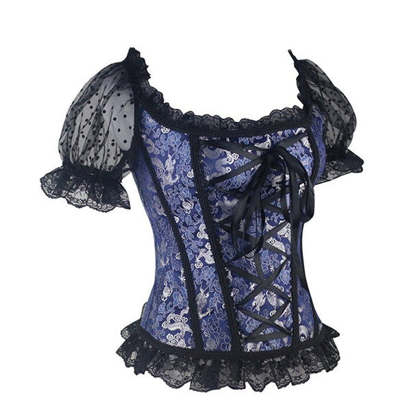 Midnight Blue Corset Front and Back Lolita Lace Puffed Sleeves Blouse