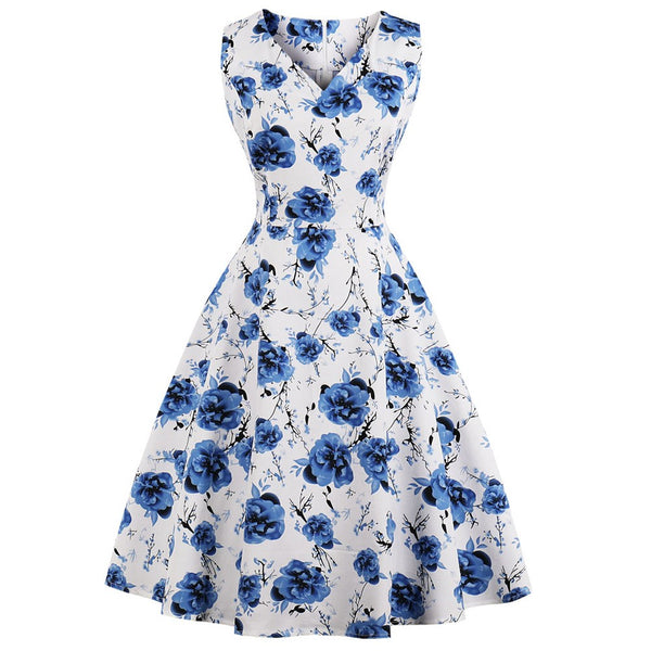 Navy Blue Floral Fit and Flare Swing Dress