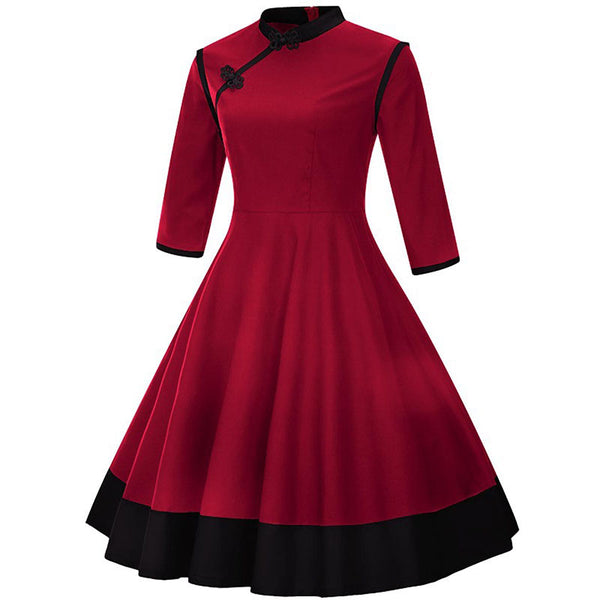 Cheongsam Mandarin Inspired Red and Black Swing Dress