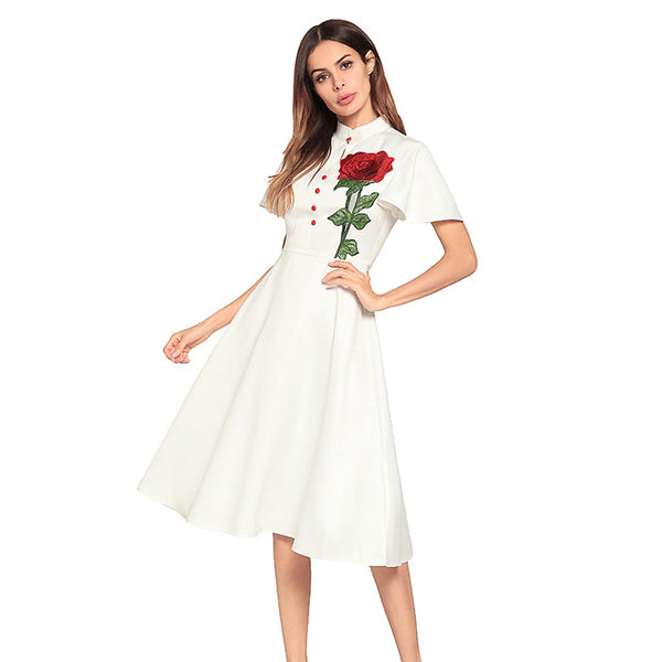 White Flutter Sleeves Dress with Rose Embroidery