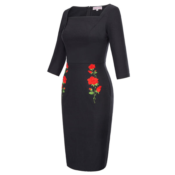 Black 3/4 Sleeves Floral Rose Embroidered Pencil Dress