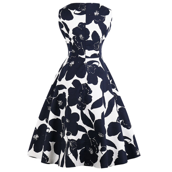 White on Black Floral Fit and Flare Swing Dress