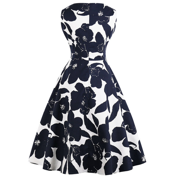 White Floral on Black Fit and Flare Swing Dress
